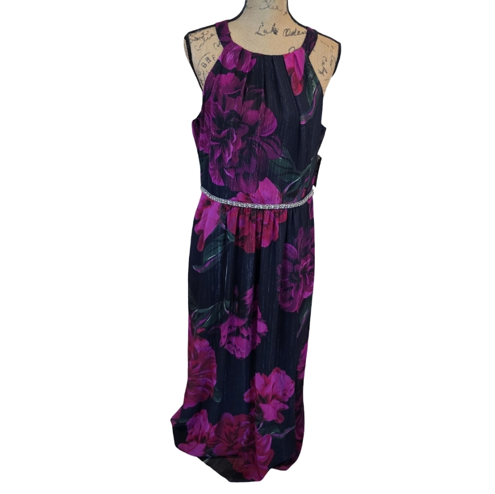 SLNY Womens Floral Metallic Halter Maxi Dress‎ Fuchsia Mult Rhinestone Belt 14